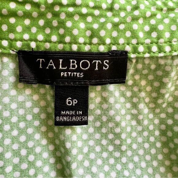 Talbots Petites Sleeveless Faux Wrap Style Blouse 6P Green White Polka Dots - Picture 6 of 7